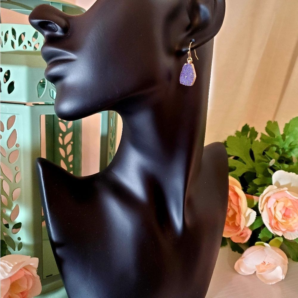 𝅺GOLDTONE Trimmed Purple Druzy Earrings